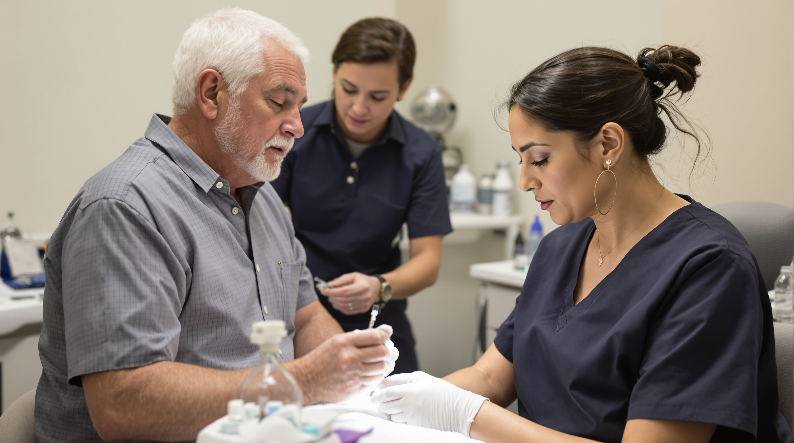 A gloved clinician holding several small labeled vials of clear injectable solution on a white clinical tray
