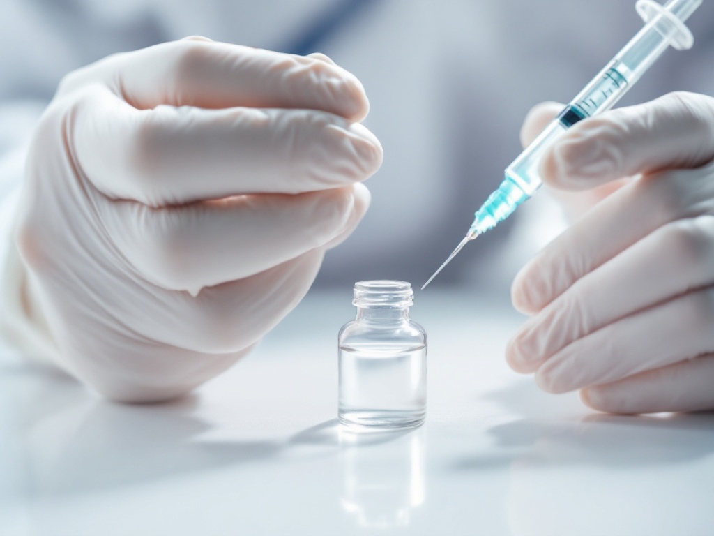 A gloved clinician drawing clear solution from a small glass vial into a fine syringe in soft daylight