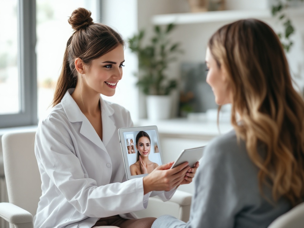 A board-certified clinician reviewing before-and-after photos with a patient in a modern clinic