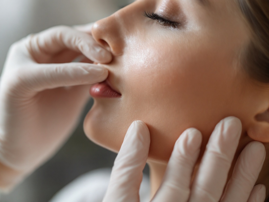A close-up of a clinician gently assessing a patient's cheek volume in soft daylight