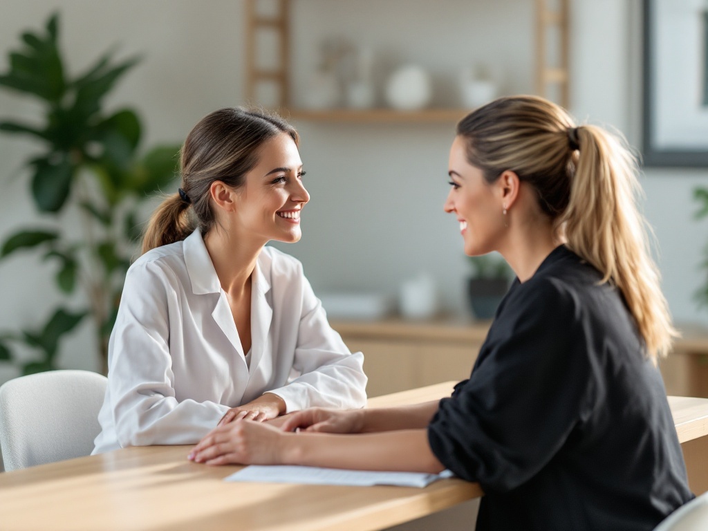 A patient and clinician reviewing facial treatment options together at a consultation desk