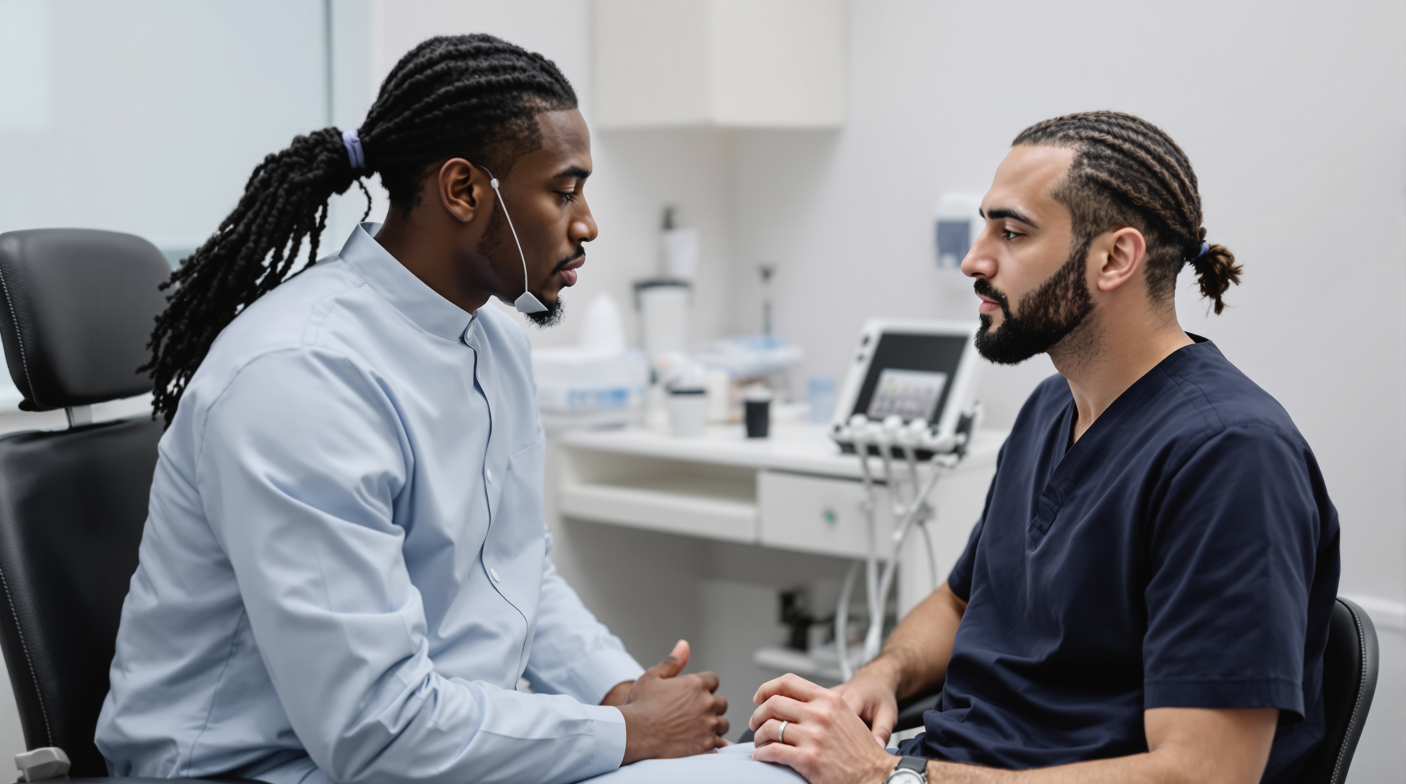 A clinician gently assessing the area beneath a woman's chin and jawline in a bright modern clinic