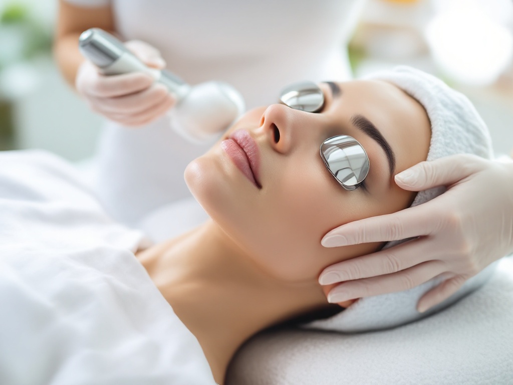 A patient wearing protective eye shields during a gentle facial light treatment