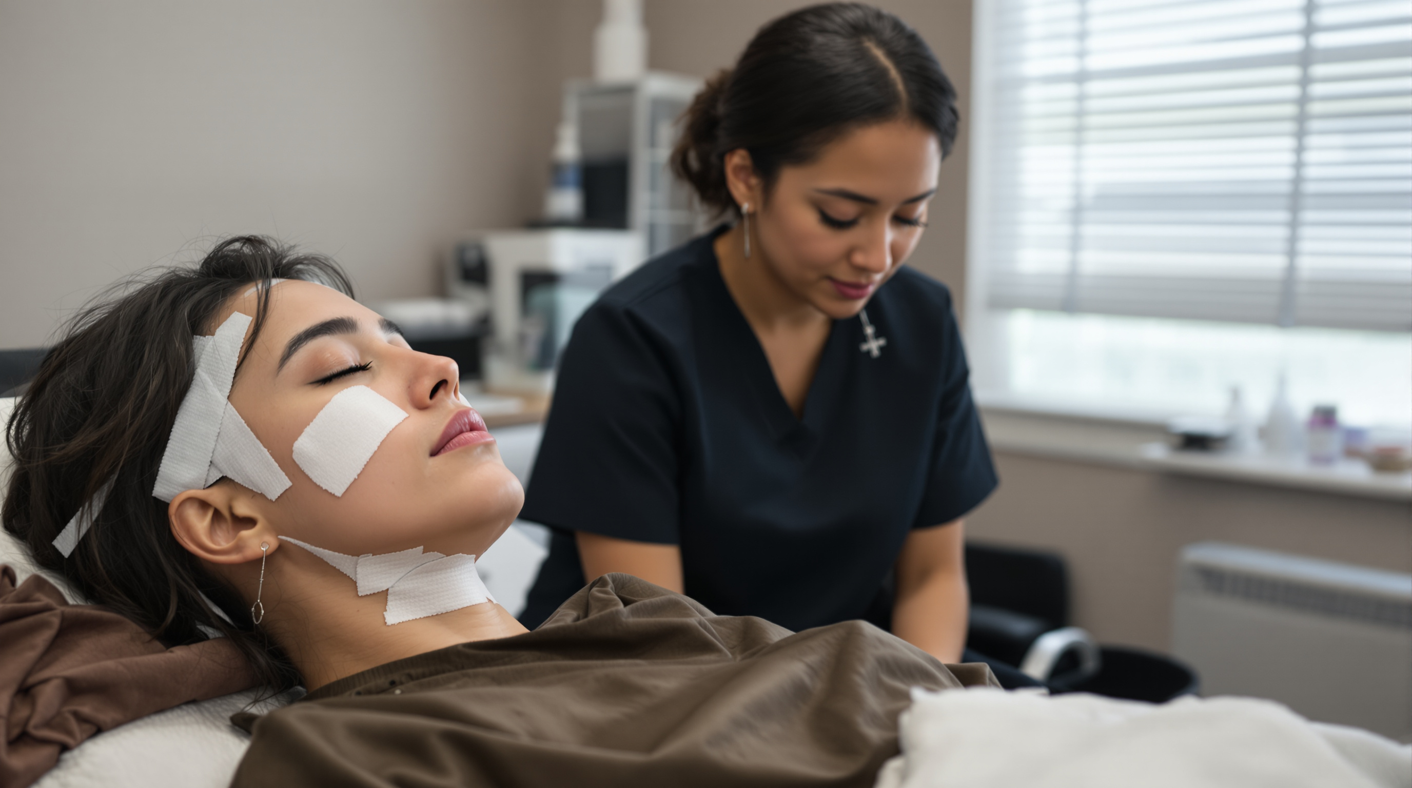 Middle aged man in a consultation chair as a clinician reviews his face