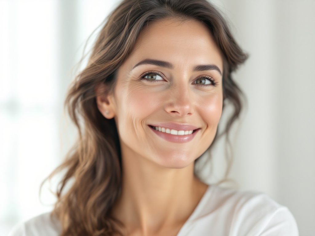 A natural, unretouched portrait of a woman smiling with healthy, well-rested skin