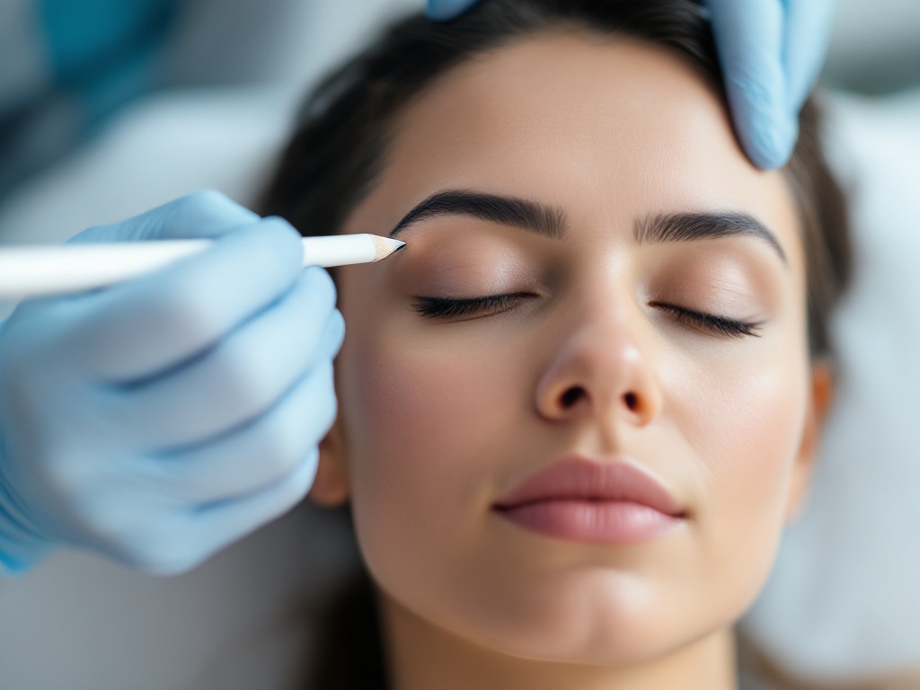 A gloved clinician marking the forehead of a calm patient before a wrinkle-relaxing treatment