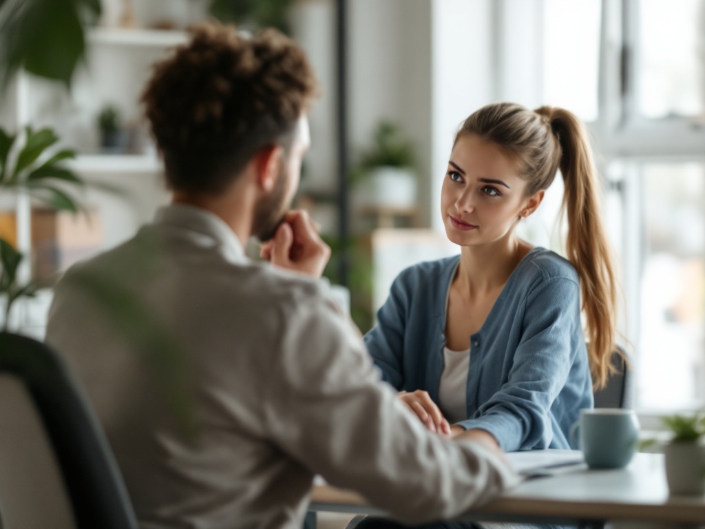 A thoughtful patient considering options across a desk from a clinician in a bright office
