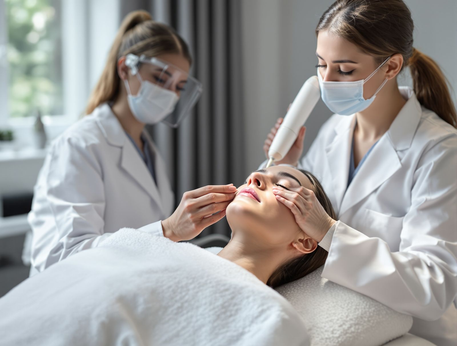 A clinician guiding a skin-tightening handpiece along a relaxed patient's jawline in a bright clinic