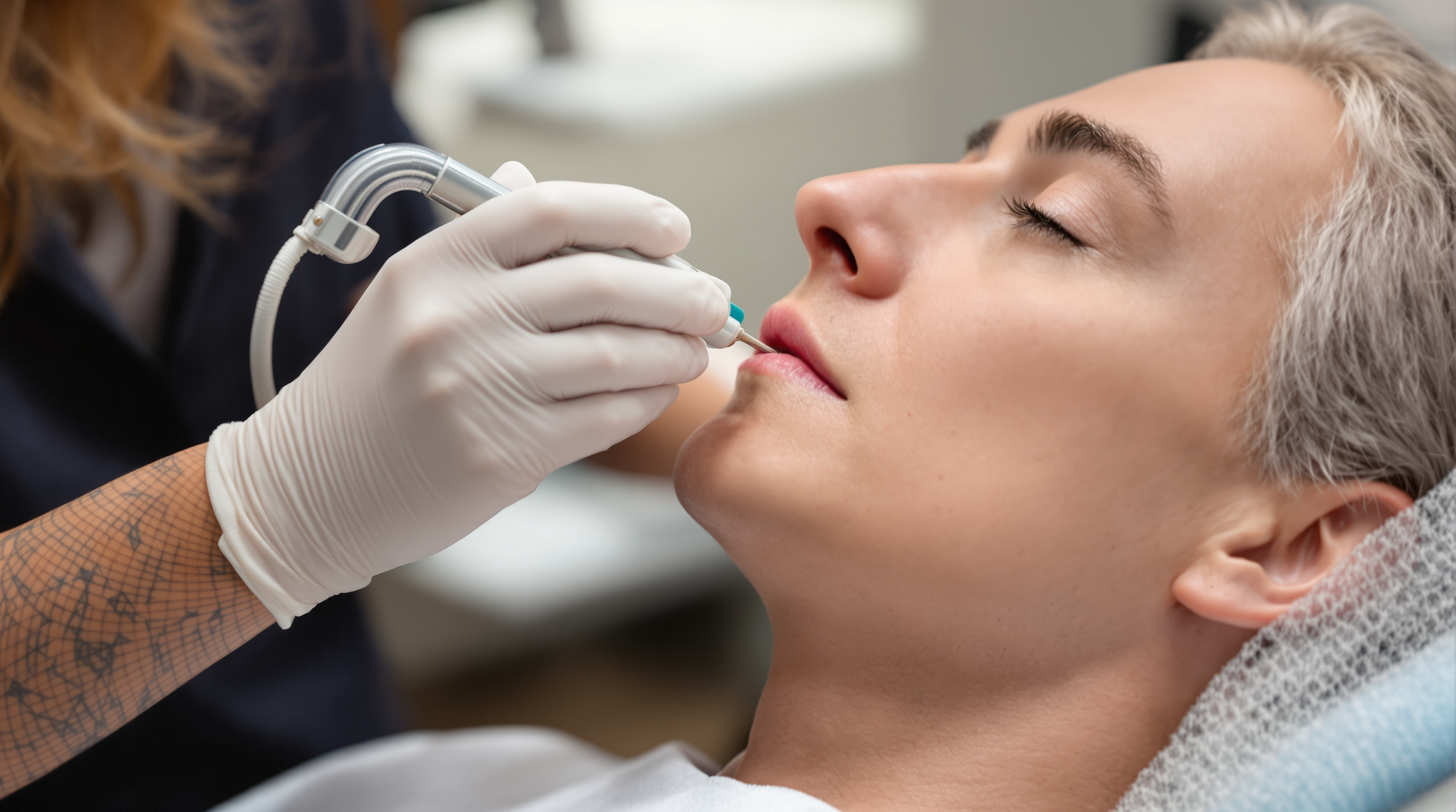 A gloved clinician preparing a small glass vial of clear injectable solution with a syringe on a sterile clinical tray