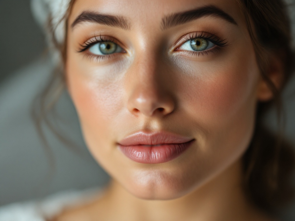 A serene close-up of a woman's refreshed, natural-looking face in even studio light