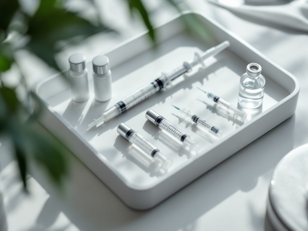 A tidy clinical tray of injectable syringes, vials, and skincare tools arranged on white