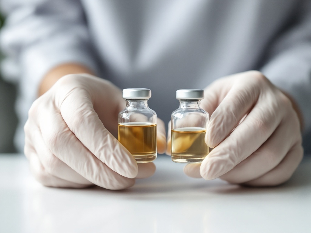 A gloved clinician holding two plain unlabeled glass vials side by side on a white clinical counter