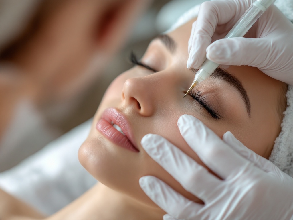 A clinician performing a delicate microneedling treatment on a relaxed patient's cheek