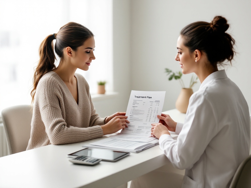 A patient reviewing a printed treatment plan and pricing with a clinician across a bright consultation desk